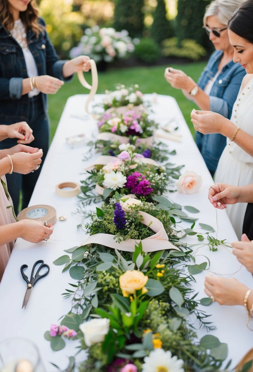 A table with assorted flowers, greenery, and ribbon. Scissors, wire, and tape nearby. Guests making flower crowns. Outdoor garden setting