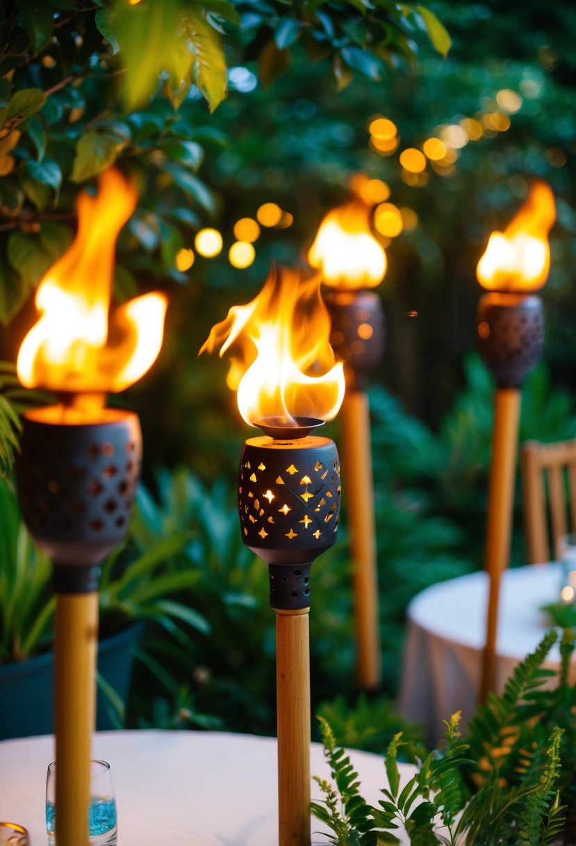 Tiki torches flicker amidst lush greenery, casting warm, golden light over a garden party. The air is filled with the sweet scent of citronella, creating a cozy and inviting atmosphere