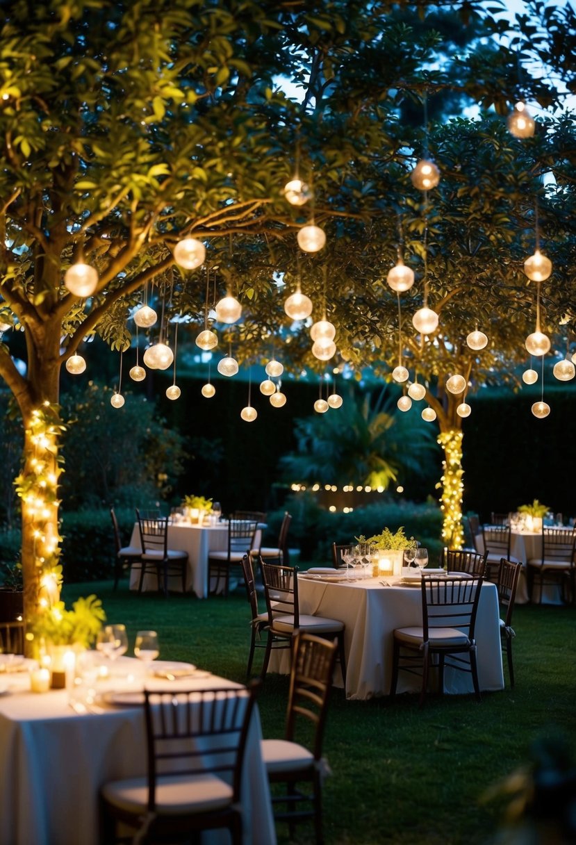 A lush garden at dusk, dotted with glowing orbs suspended from trees and scattered across tabletops, casting a warm and enchanting glow over the scene