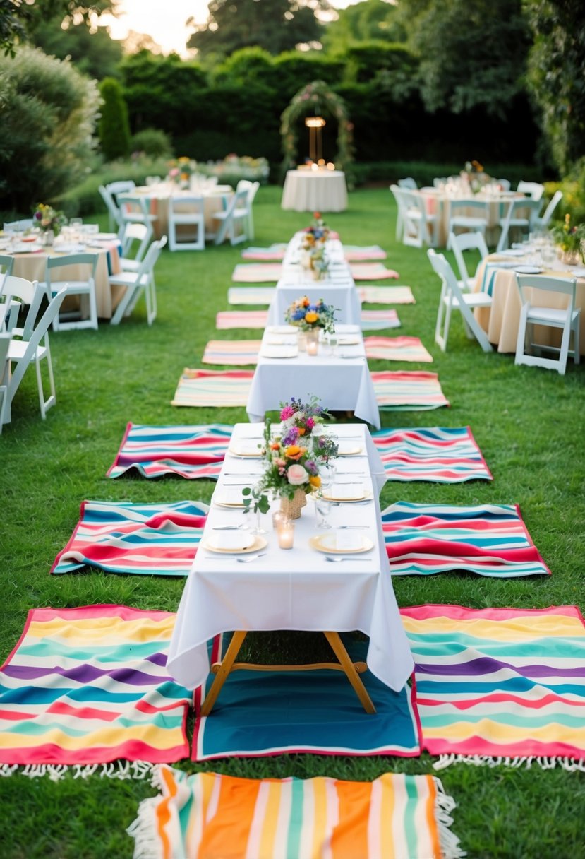 A colorful array of classic picnic blankets spread out in a lush garden, with tables set for a rehearsal dinner