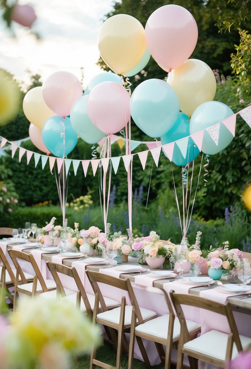 A garden adorned with pastel balloons and bunting, setting the stage for a whimsical and festive rehearsal dinner