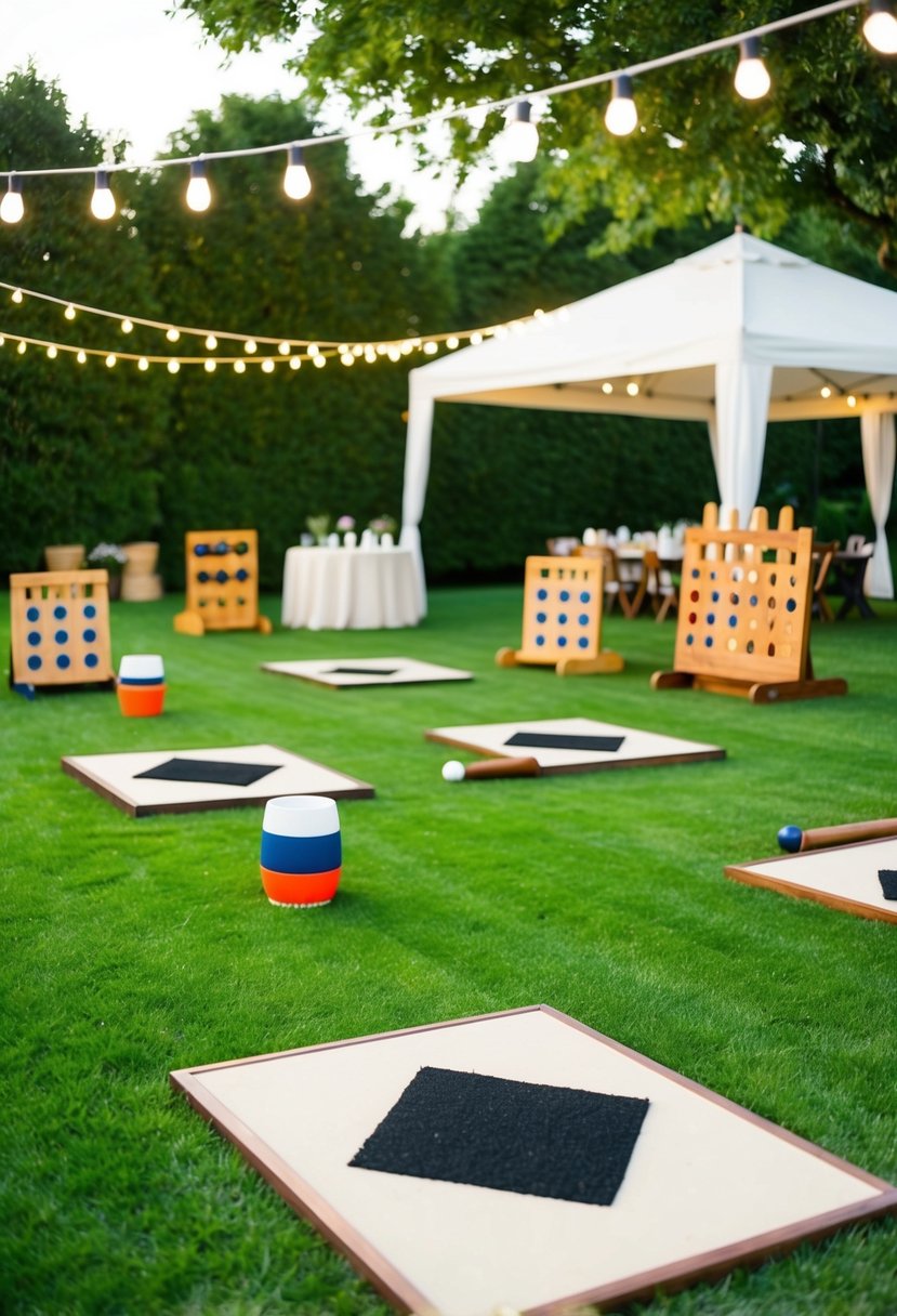 A lush green lawn with a variety of outdoor games set up, including cornhole, giant Jenga, and croquet. Bistro lights hang overhead, creating a warm and inviting atmosphere for a garden party rehearsal dinner