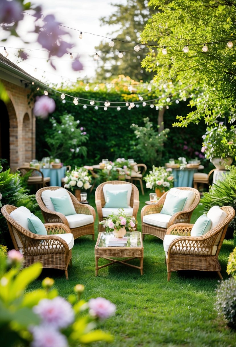A charming outdoor garden party with chic wicker loveseats arranged in a cozy and inviting seating arrangement amidst lush greenery and blooming flowers