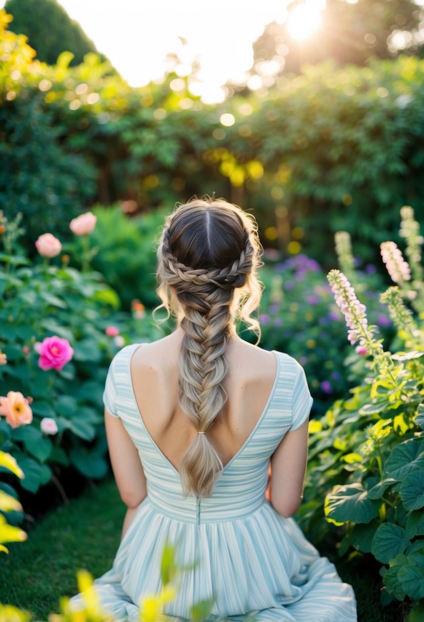 A woman with a braided crown updo sits in a lush garden, surrounded by flowers and foliage, with the sun casting a warm glow over the scene
