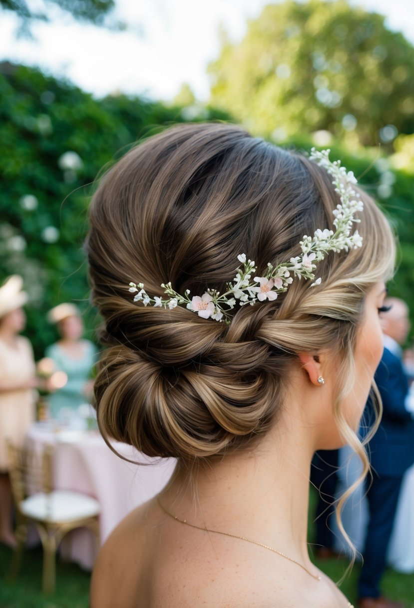 A woman's hair styled in a twisted bun adorned with delicate floral accents, set against a backdrop of a lush garden party