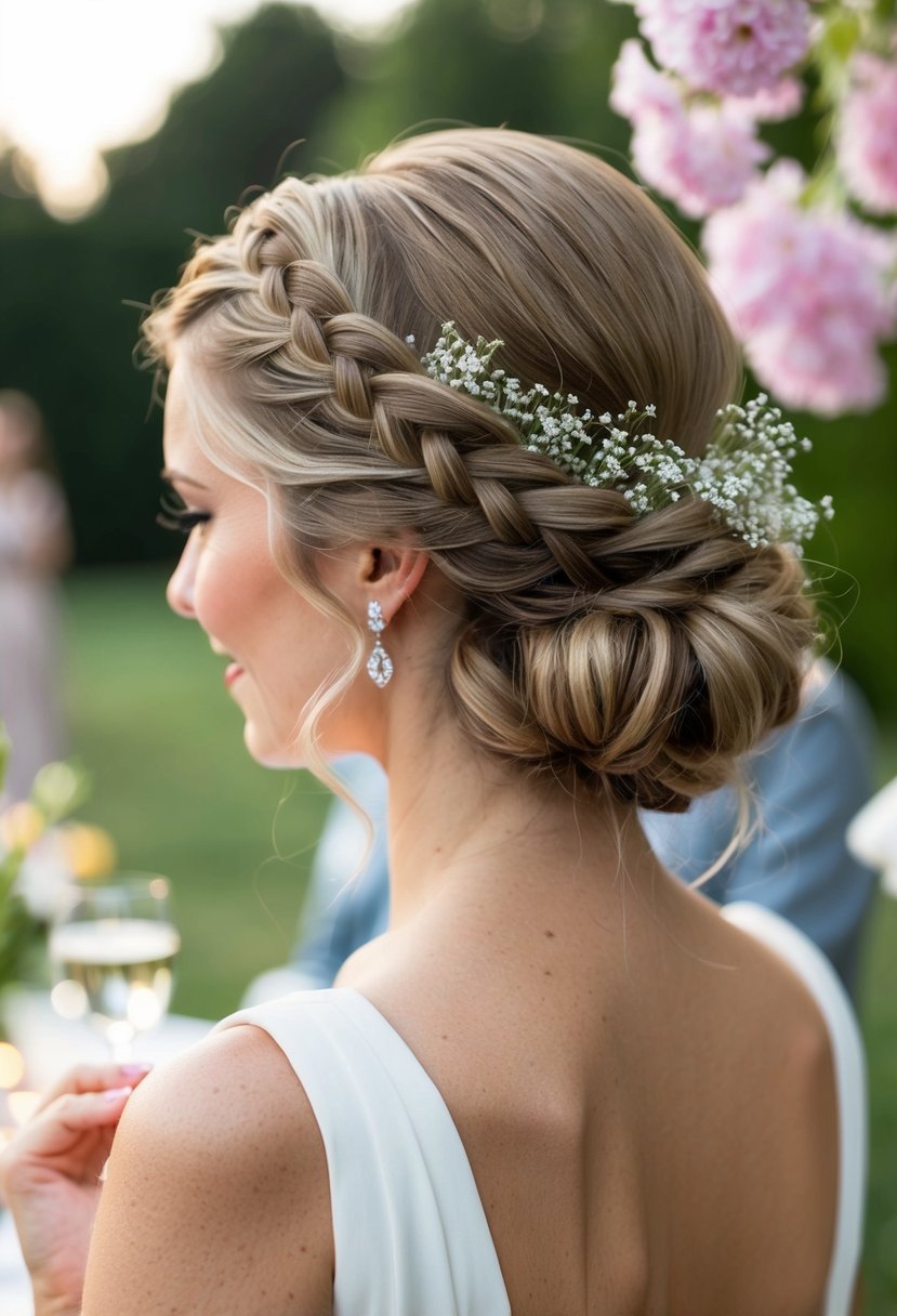 A woman's hair is elegantly styled in a French braid chignon, adorned with delicate flowers, as she attends a garden party