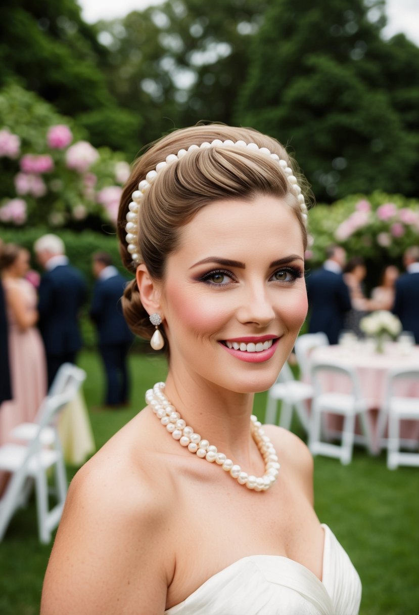 A woman with a Gibson Tuck hairstyle adorned with pearls, surrounded by lush garden party scenery