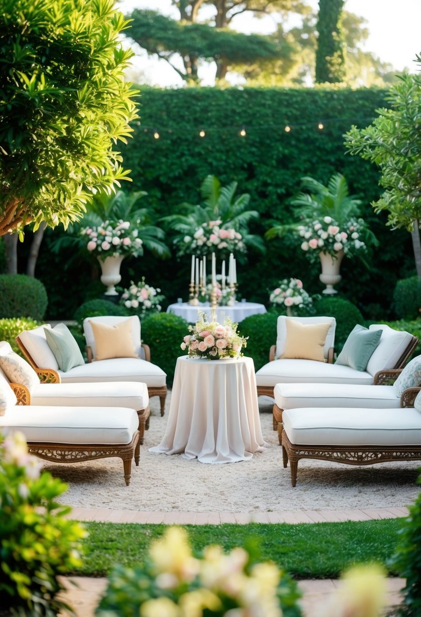 A lush garden with elegant chaise lounges arranged around a central table, adorned with floral centerpieces and soft cushions
