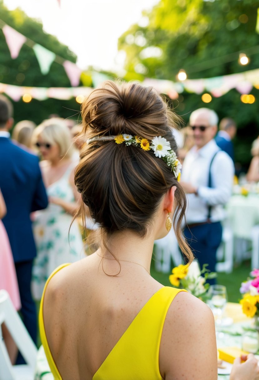 A woman's messy top knot adorned with a floral headband at a lively garden party
