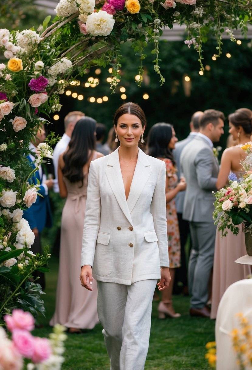 A woman in a linen blazer walks through a lush garden party, surrounded by blooming flowers and elegant decor
