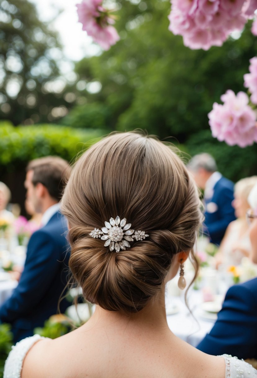 A woman's low bun adorned with a vintage brooch, surrounded by blooming flowers at a garden party