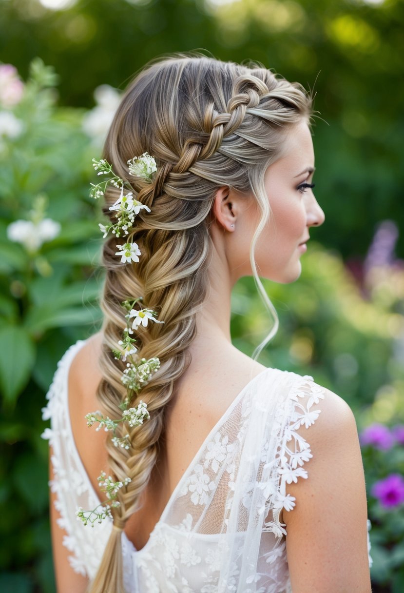A woman's hair styled in a waterfall braid with delicate sprigs of flowers woven throughout, set against a lush garden backdrop