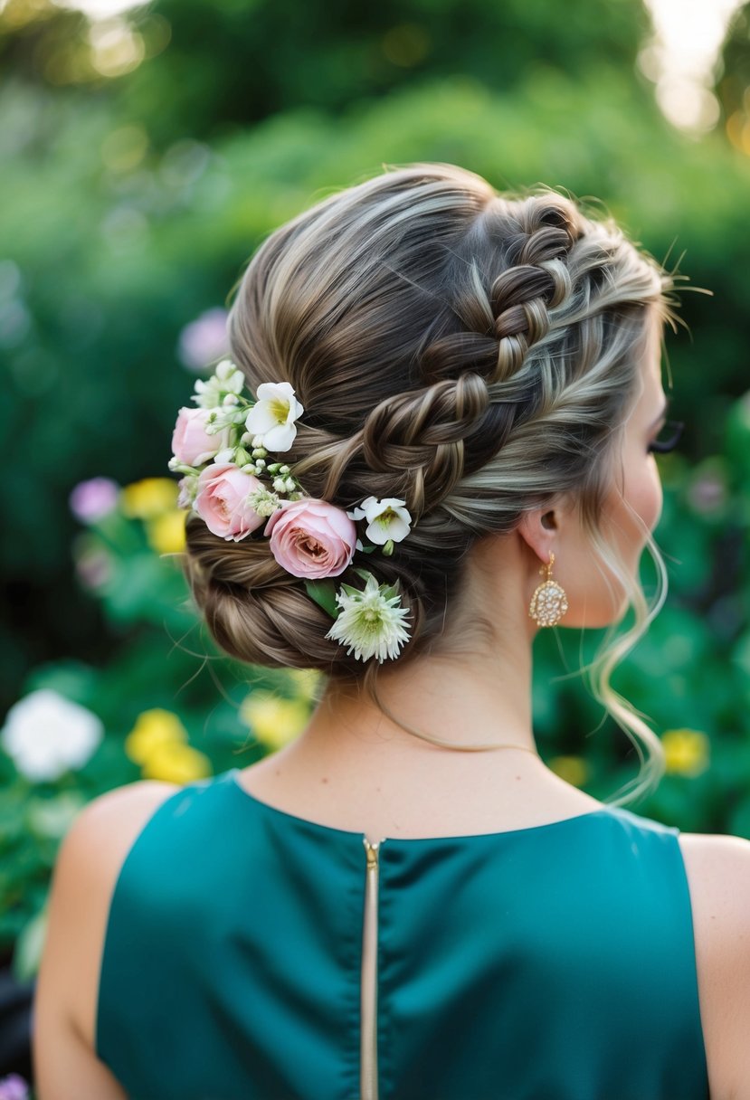 A woman's hair is styled in a Dutch braid wrapped bun, adorned with flowers, in a lush garden setting