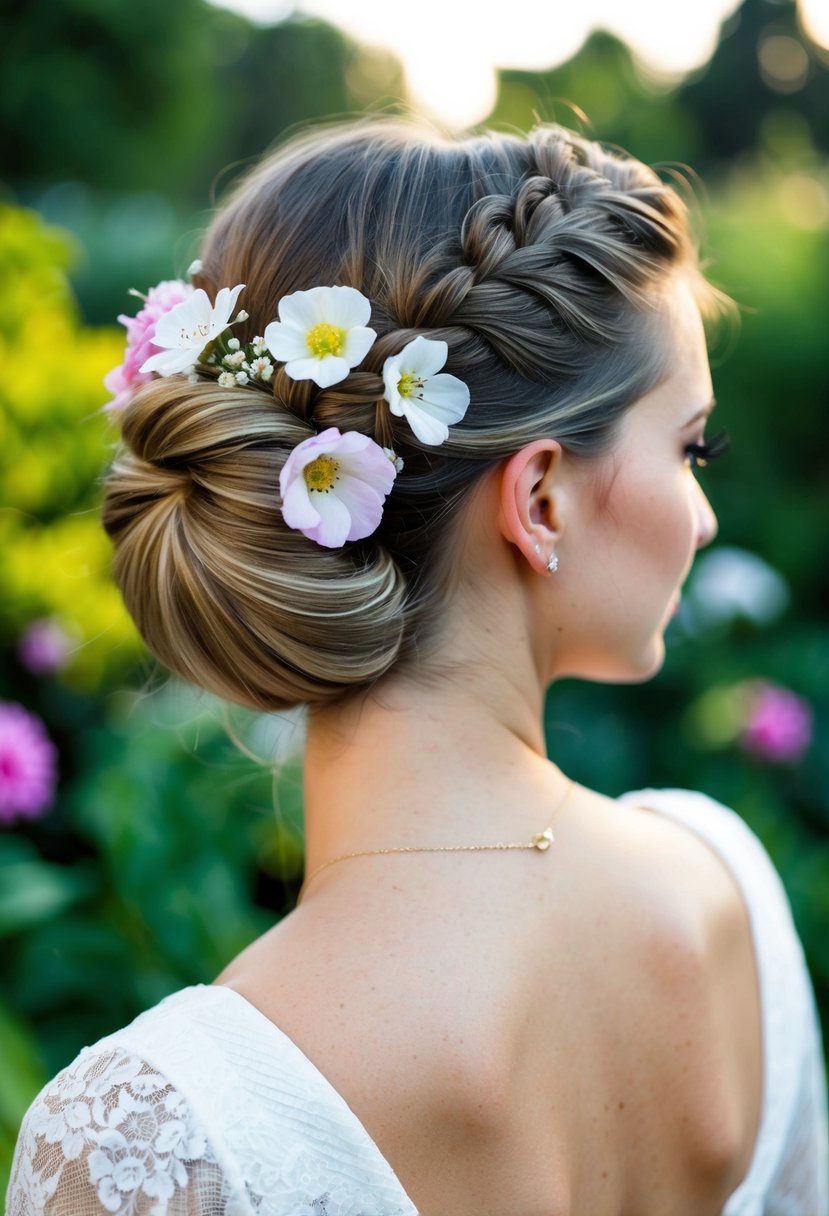 A woman's hair styled in a fishtail braid bun, adorned with flowers, in a lush garden setting