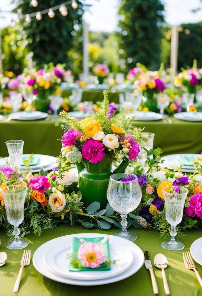A garden party table adorned with vibrant floral centerpieces and greenery, creating a whimsical and enchanting atmosphere