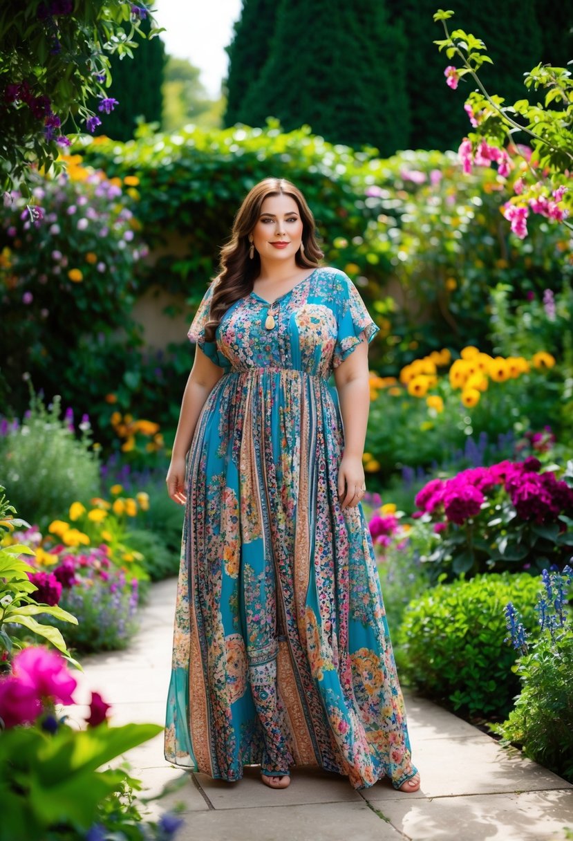 A lush garden with a colorful array of flowers and greenery, featuring a flowing Bohemian Print Maxi Dress in a plus size