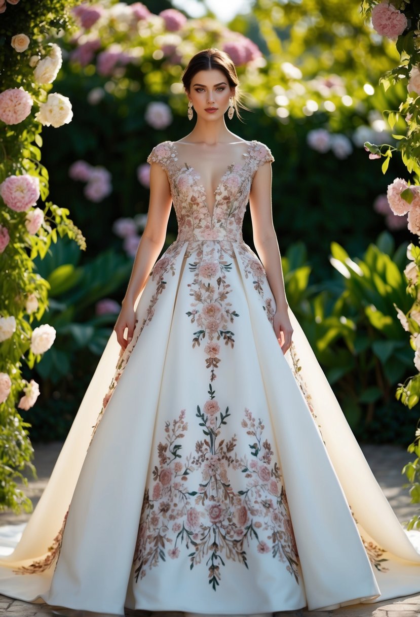 An elegant A-line gown adorned with intricate floral embroidery, set against a lush garden backdrop with blooming flowers and greenery