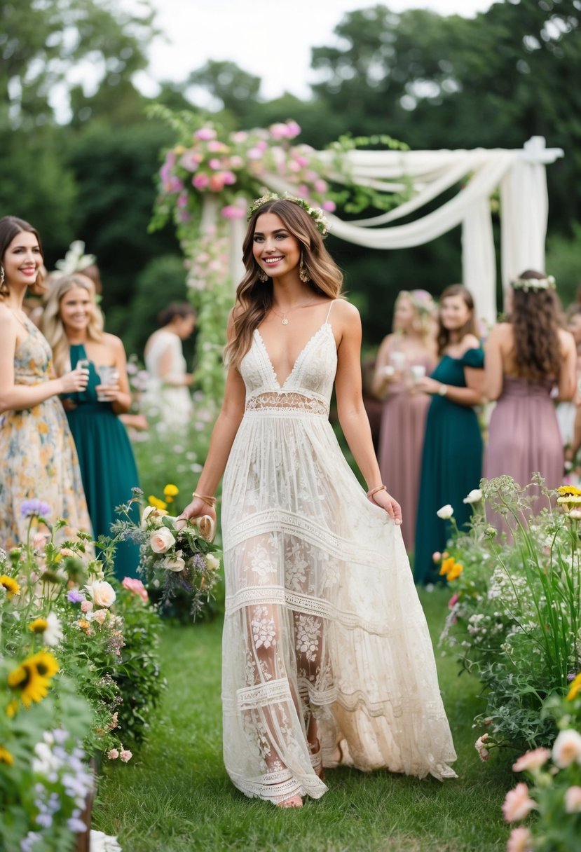 A bohemian garden party with a flowing lace maxi dress, surrounded by flowers and greenery, with a whimsical and romantic atmosphere