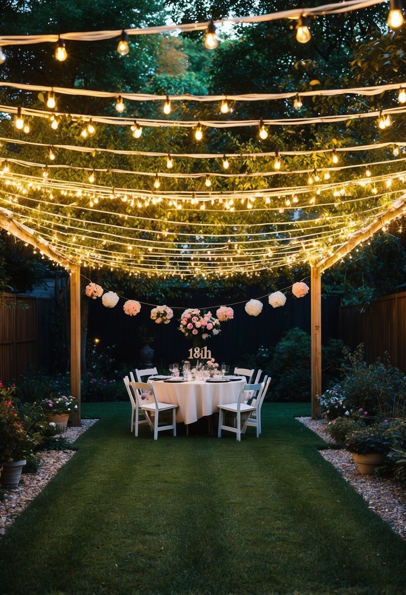 A garden adorned with a canopy of string lights, creating a warm and inviting atmosphere for an 18th birthday celebration