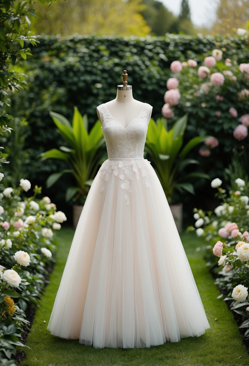 A lush garden setting with a tea-length tulle skirt wedding dress surrounded by blooming flowers and greenery