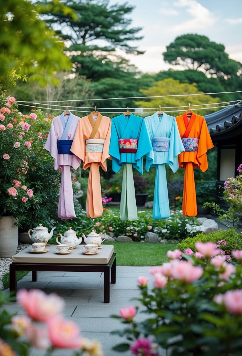 A serene garden with blooming flowers, flowing kimonos in various colors hanging from a clothesline, and elegant tea sets arranged on a table