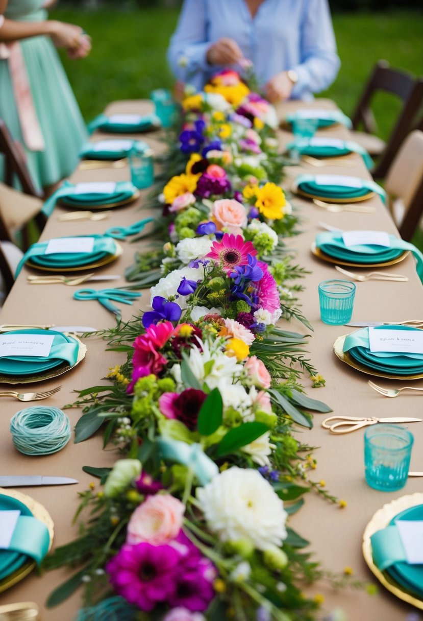 A table set with an array of colorful flowers, ribbons, and greenery. Scissors, wire, and twine are neatly arranged for guests to create their own flower crowns at the garden party
