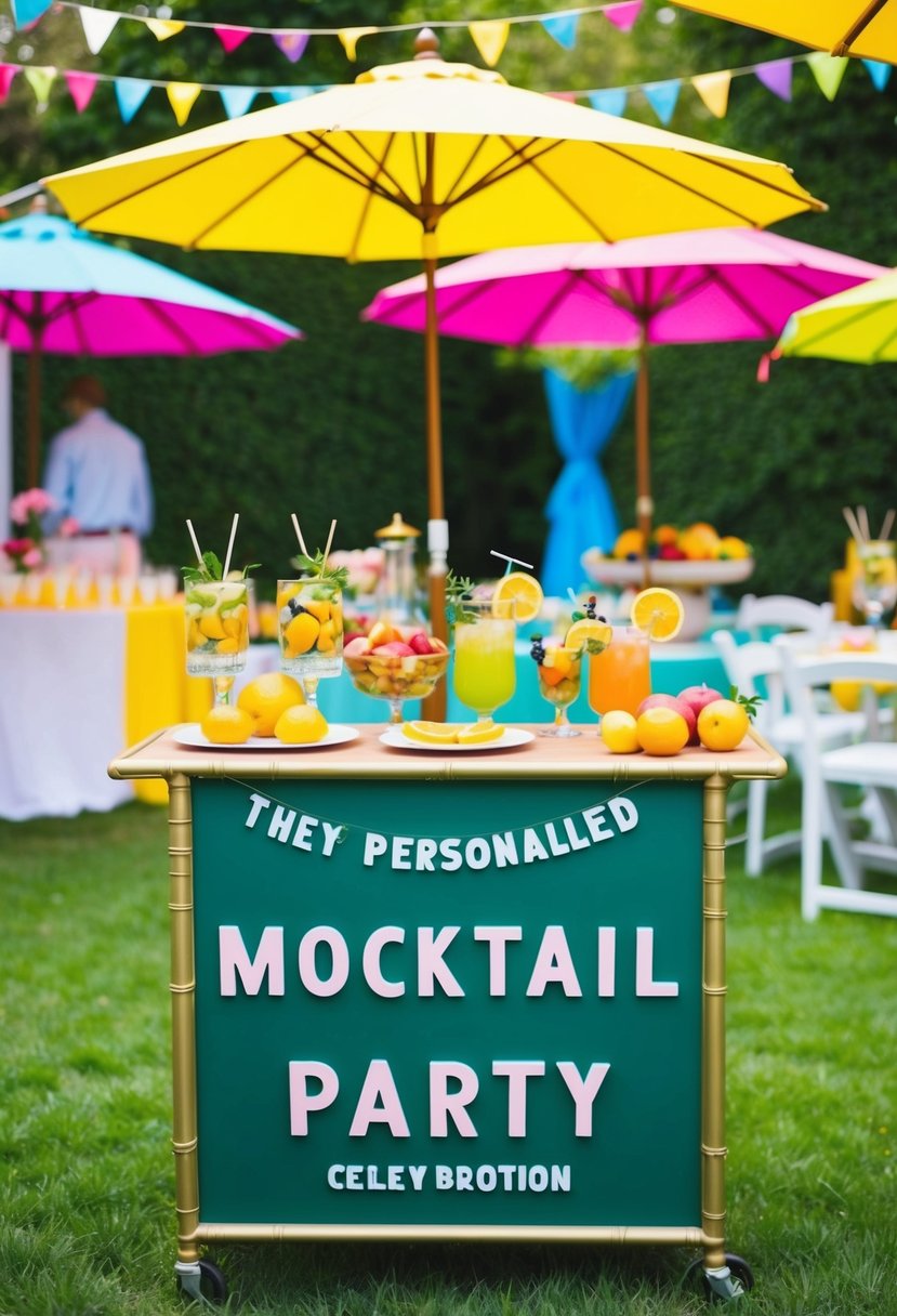 A vibrant garden party with a personalized mocktail bar, adorned with colorful umbrellas and fresh fruits, creating a festive and celebratory atmosphere