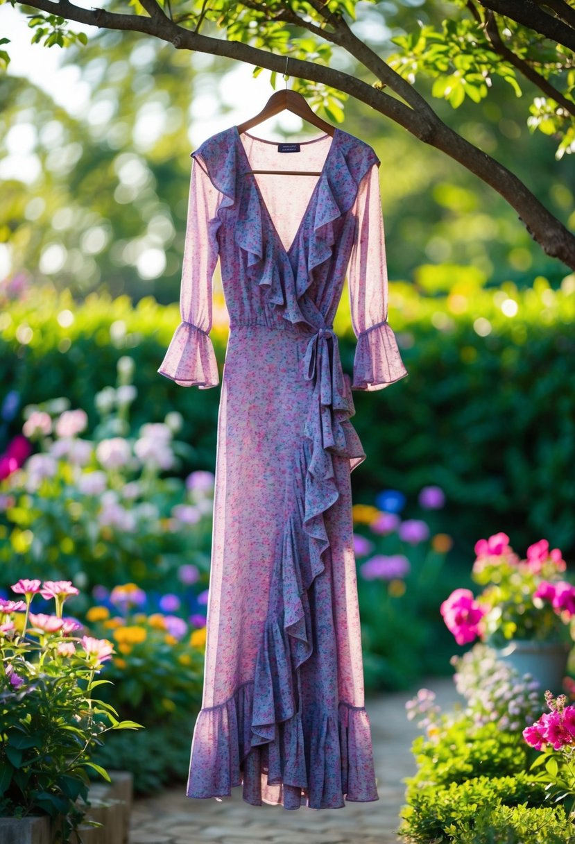 A vibrant garden setting with blooming flowers and a flowing, ruffled midi wrap dress hanging from a tree branch