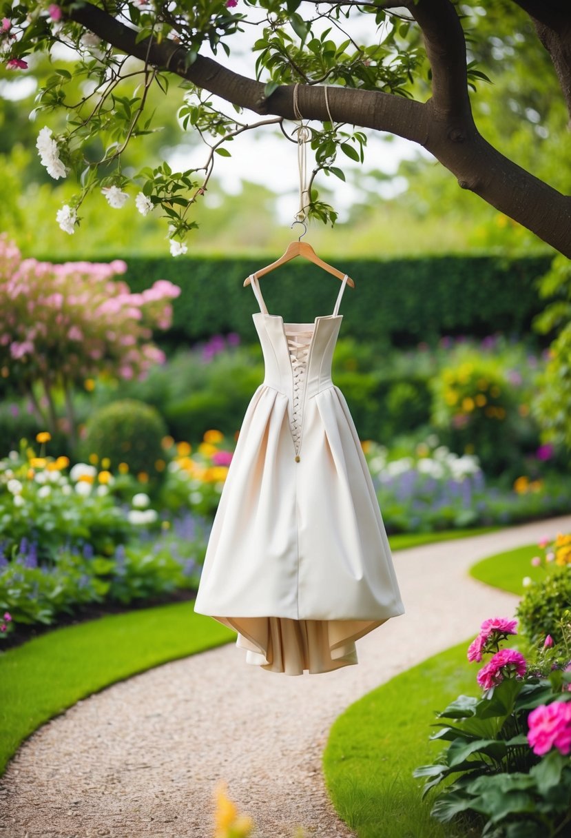 A lush garden setting with a winding path, blooming flowers, and a beautiful corset-back garden dress hanging from a tree branch