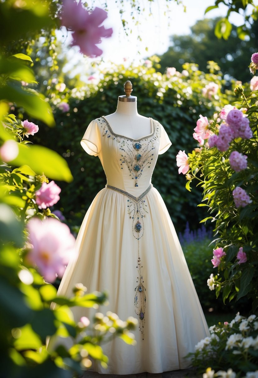 A lush garden setting with a vintage tea dress adorned with intricate beading, surrounded by blooming flowers and dappled sunlight
