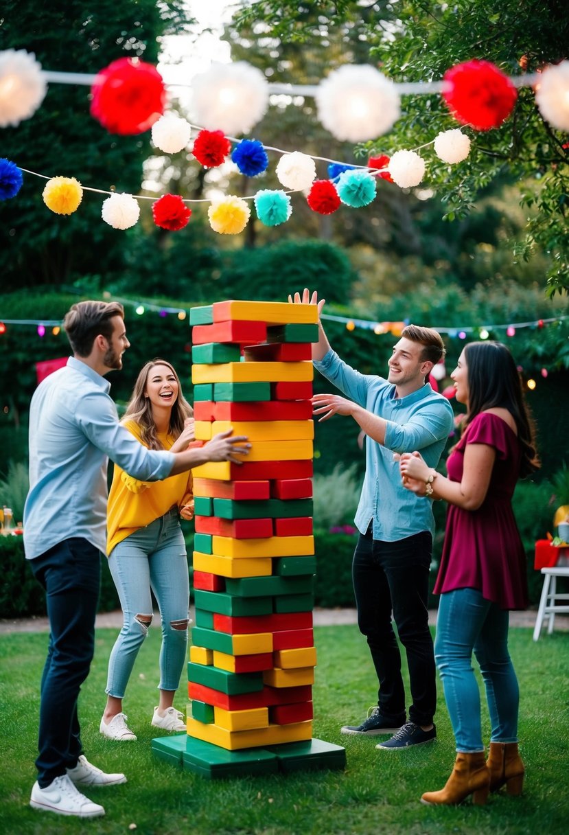 A group of friends play a giant Jenga game in a lush garden, surrounded by colorful decorations and festive lighting for an 18th birthday celebration
