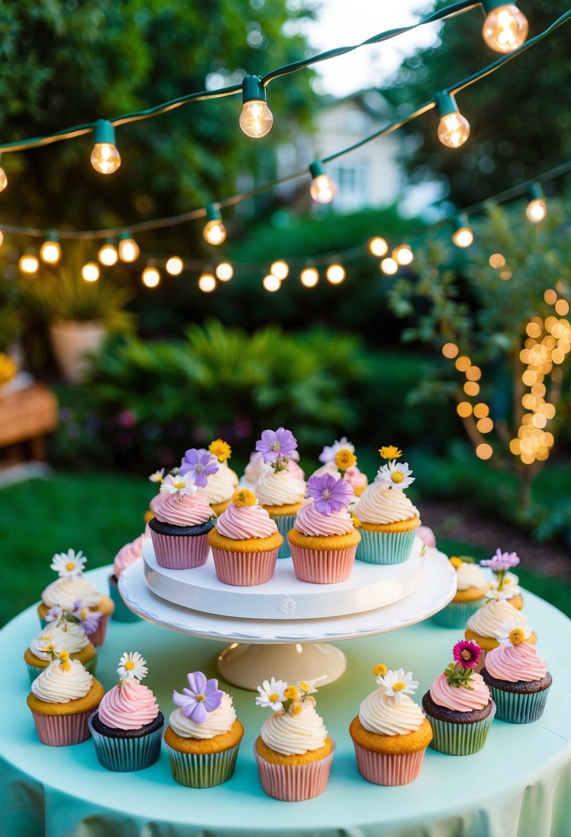 A table adorned with pastel cupcakes topped with edible flowers, set in a lush garden with twinkling lights for an 18th celebration