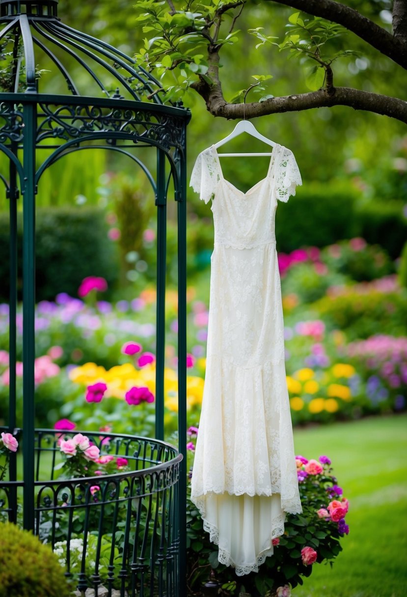 A lush garden with blooming flowers, a wrought-iron gazebo, and a Victorian-inspired lace dress hanging from a tree branch
