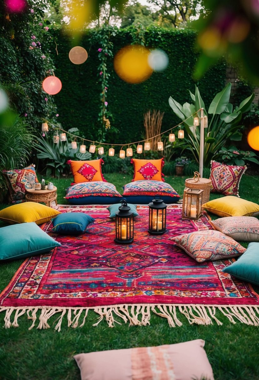 A colorful bohemian picnic setup with rugs, cushions, low tables, and lanterns in a lush garden setting for an 18th celebration