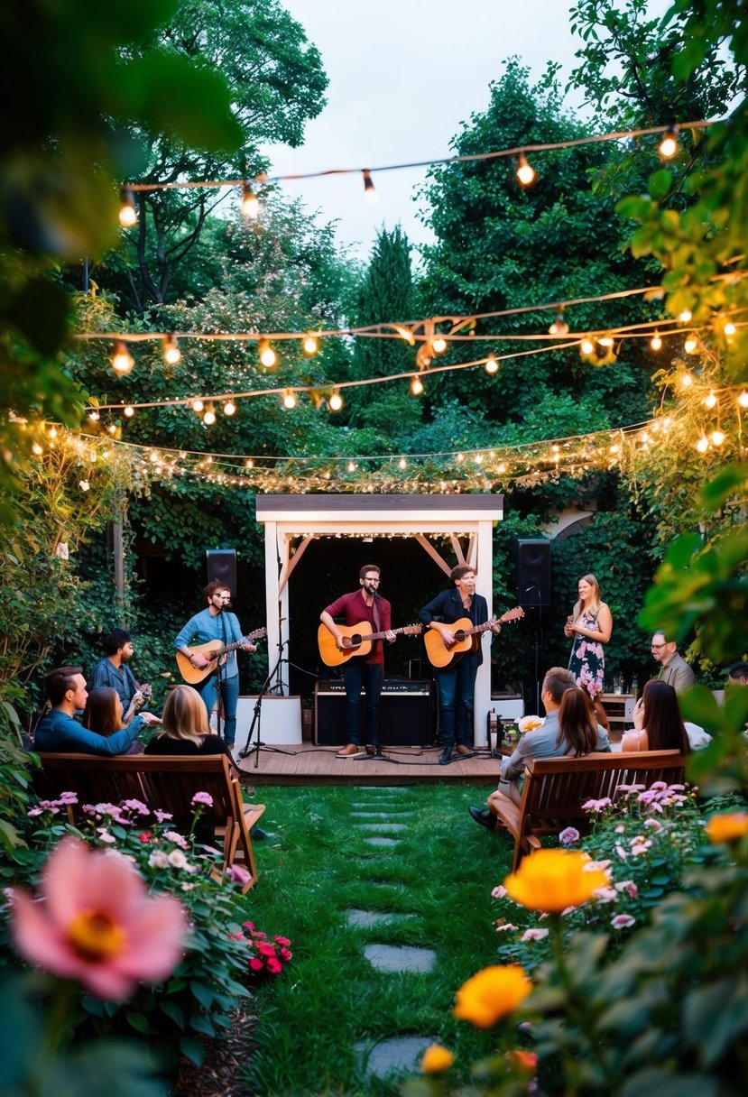 A cozy garden with twinkling string lights and a small stage surrounded by blooming flowers and lush greenery, where friends gather to celebrate an 18th birthday with live acoustic music