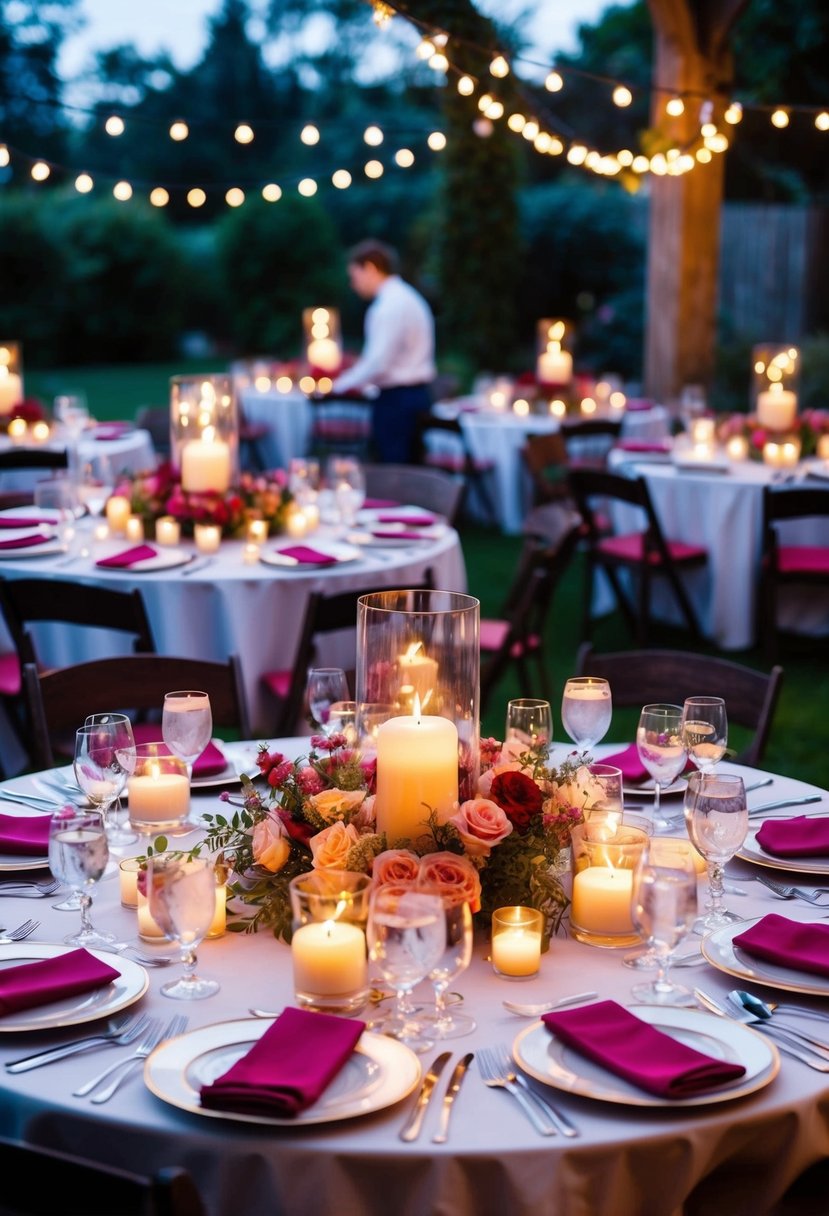 A garden party with floating candle centerpieces illuminating an 18th celebration. Tables adorned with flowers and twinkling lights create a magical ambiance