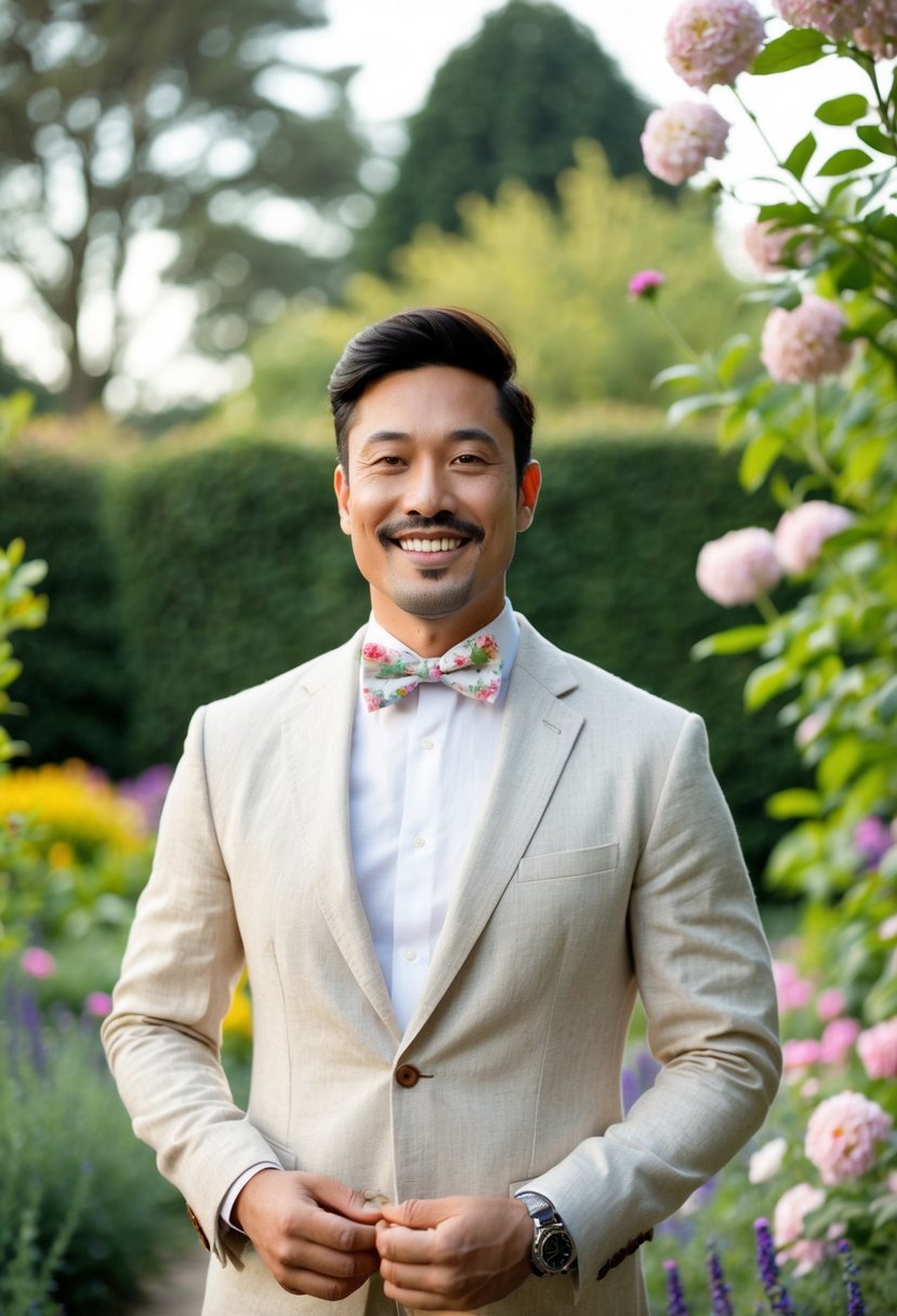 A man in a linen suit and floral bow tie stands in a garden, surrounded by blooming flowers and greenery, with a relaxed and cheerful expression