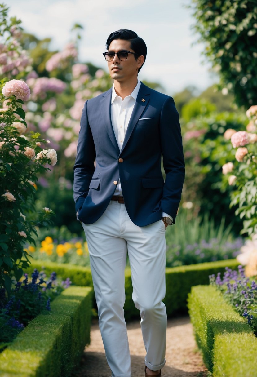 A male figure in a navy blazer and white chinos stands in a lush garden, surrounded by blooming flowers and greenery