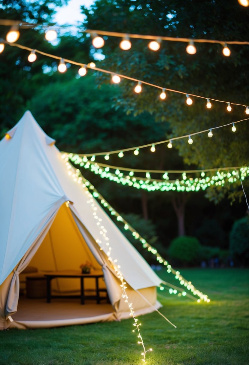 A garden tent adorned with twinkling fairy light strings