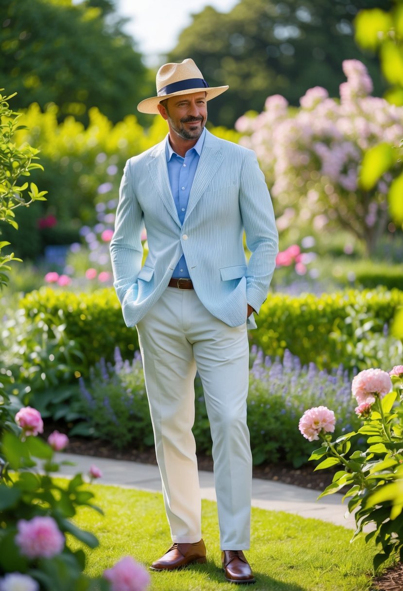 A man in a seersucker jacket and straw fedora stands in a lush garden, surrounded by blooming flowers and greenery, a warm and inviting atmosphere