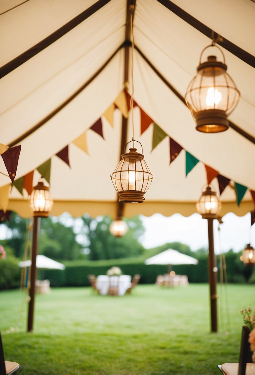 A garden party tent adorned with hanging outdoor lanterns
