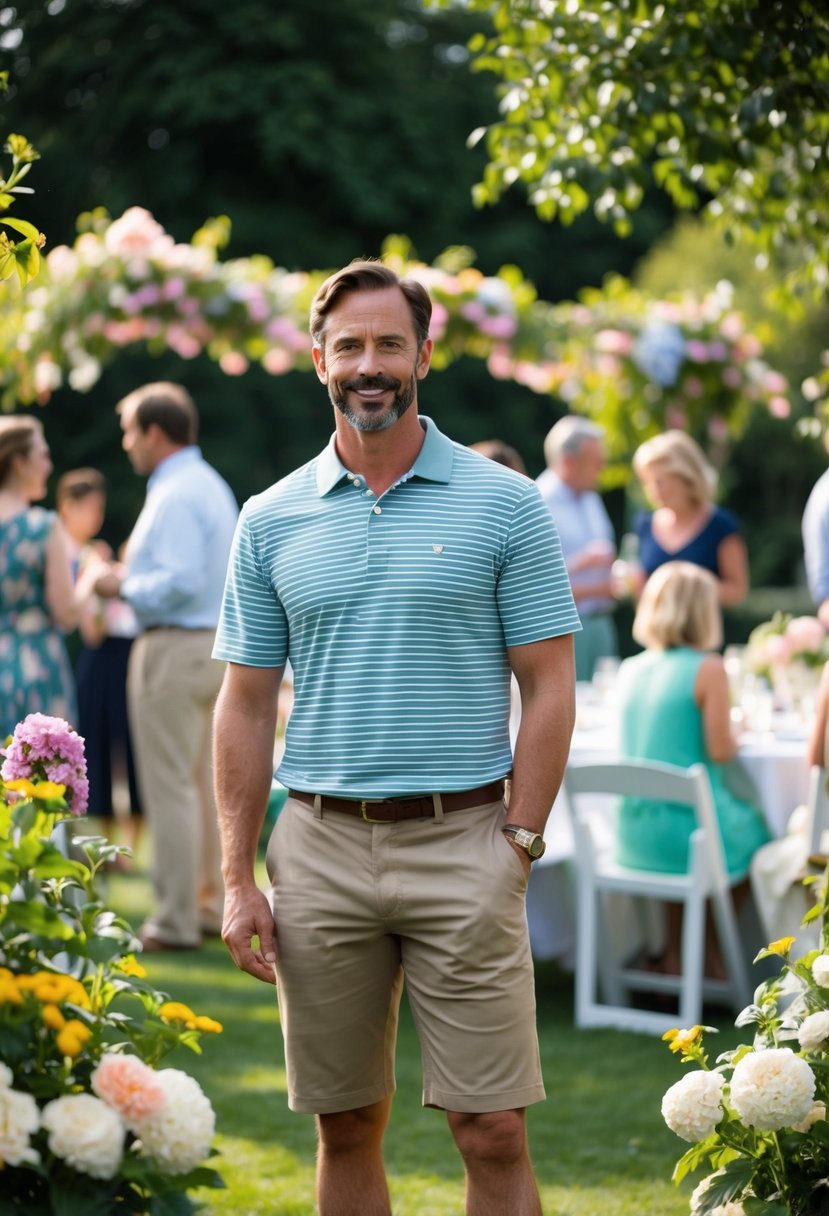 A man in a striped polo and khaki shorts stands amid a garden party, surrounded by blooming flowers and greenery