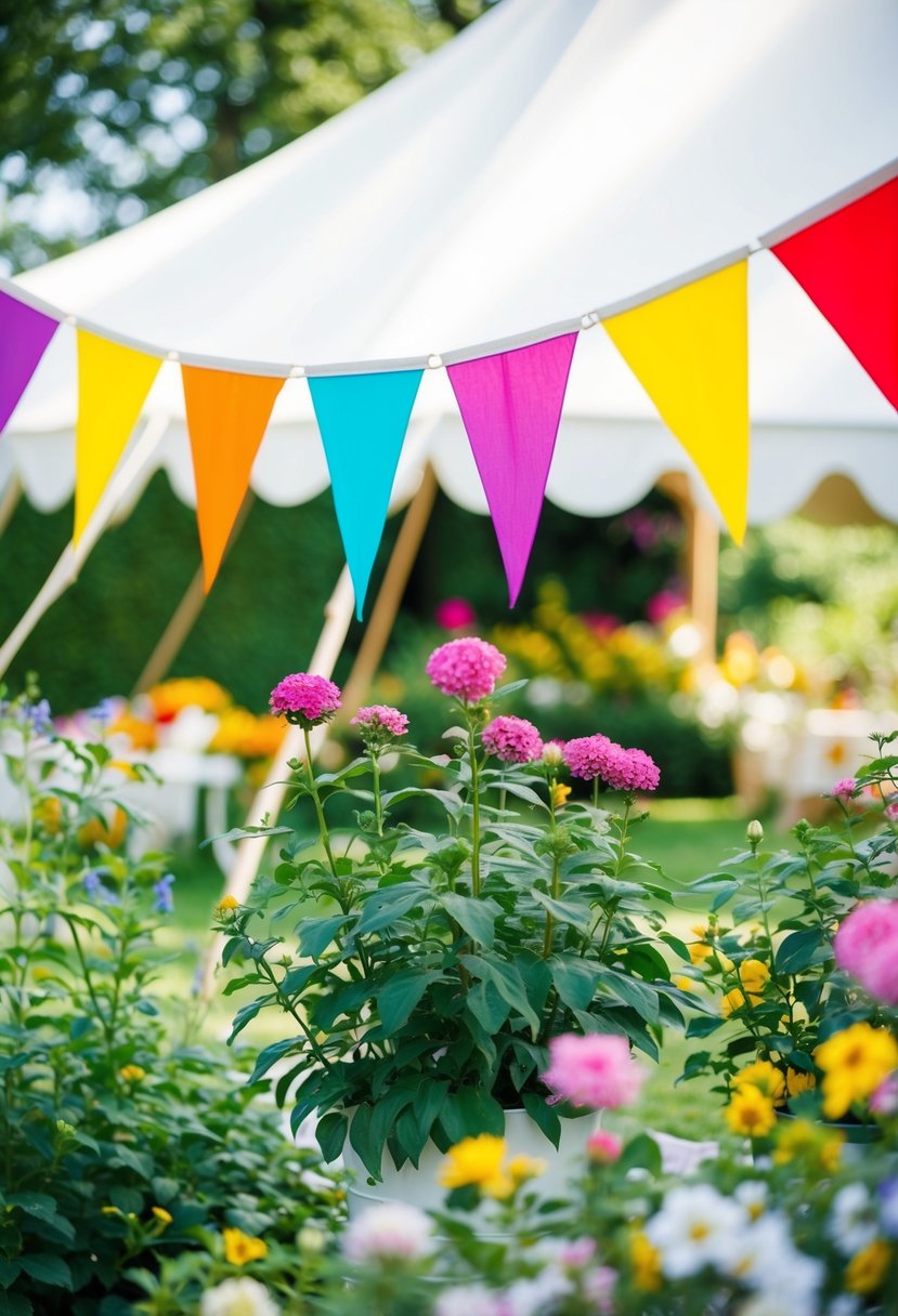 Colorful bunting flags hang from a white garden party tent, surrounded by blooming flowers and greenery