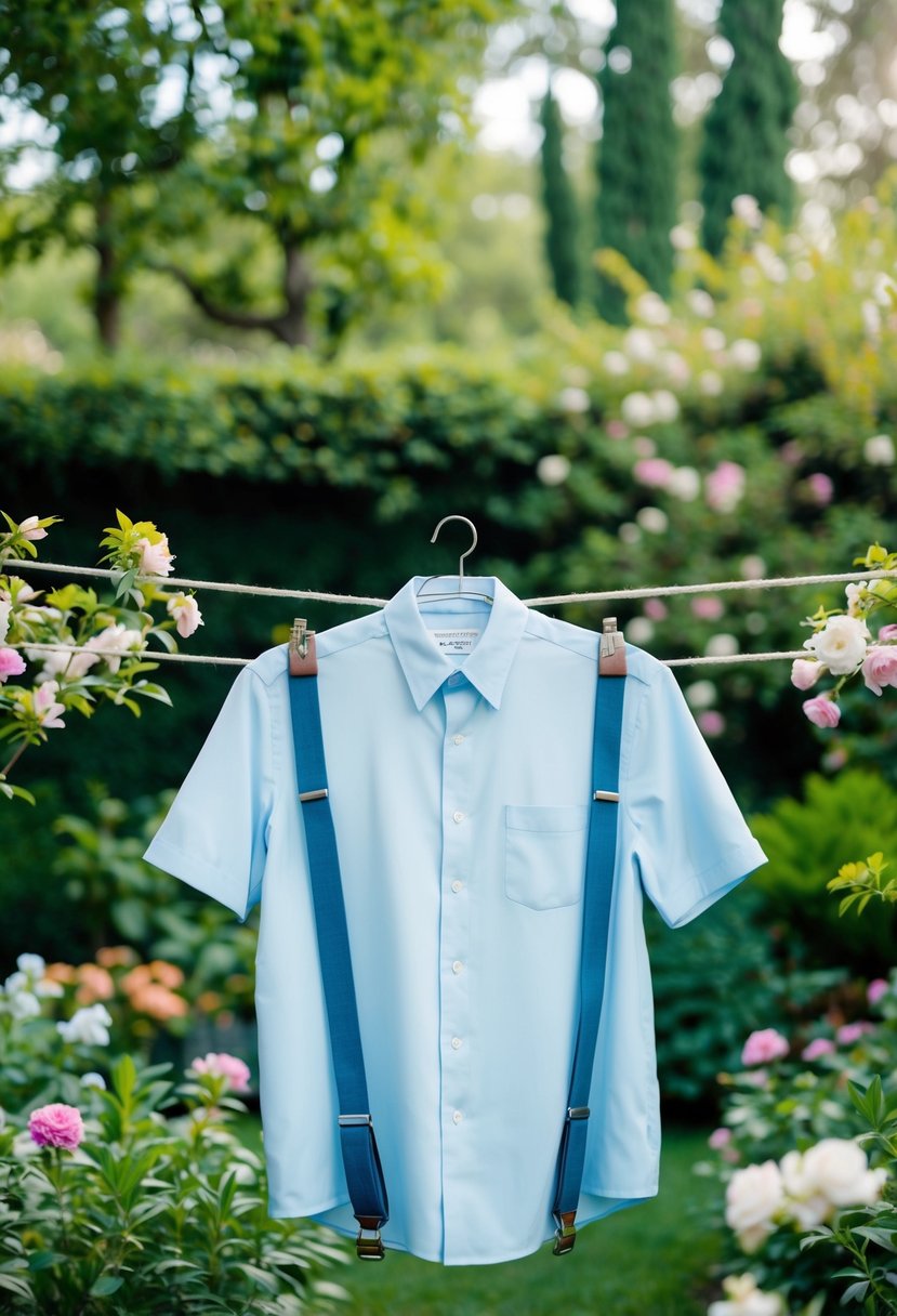 A light blue dress shirt with suspenders hangs on a vintage clothesline in a lush garden setting, surrounded by blooming flowers and greenery