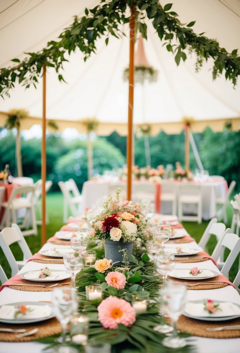 A garden party tent adorned with floral table runners and decorations