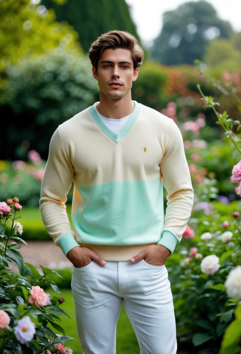 A young man in a pastel V-neck sweater and white denim stands in a lush garden, surrounded by blooming flowers and greenery