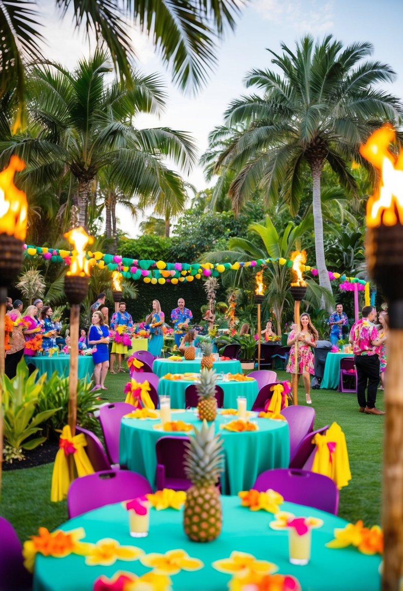 A colorful garden filled with palm trees, tiki torches, hula skirts, and vibrant 90s-themed decorations. Tables adorned with leis and pineapples, while guests enjoy tropical cocktails and live music