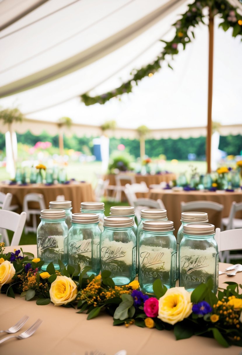 Mason jar centerpieces arranged on tables under a garden party tent, surrounded by lush greenery and colorful flowers