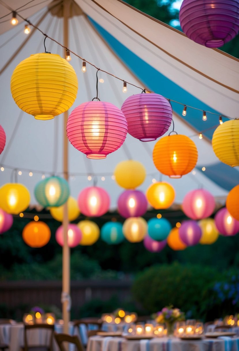 Colorful paper lanterns hang from a garden party tent, casting a warm glow over the outdoor space