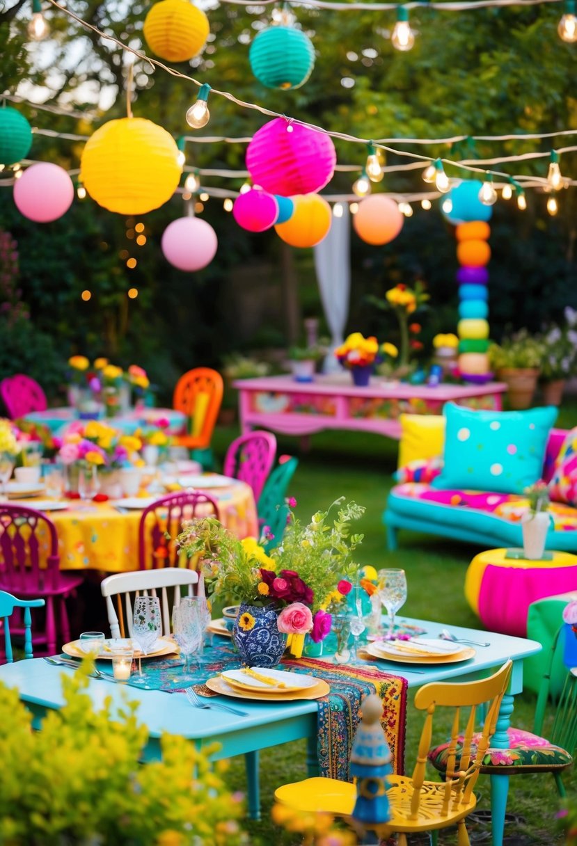 A colorful, eclectic garden party with vintage furniture, fairy lights, and bohemian decorations